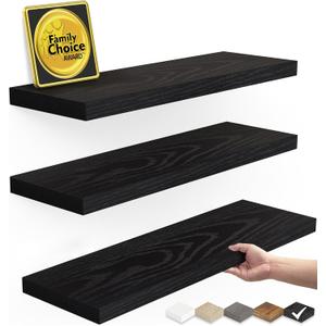 BAYKA Floating Shelves for Wall, Wall Mounted Rustic Wood Shelves for Bathroom, Bedroom, Living Room, Kitchen, Hanging Shelf for Books/Storage/Room Decor with 22lbs Capacity (Black, Set of 3, 15.7in) (15.7inches, Black)