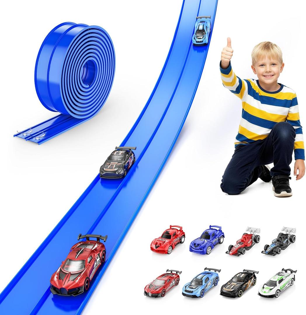 Flexible Race Track for Kids 15 ft Race Car Track Compatible with Hot Wheels and Diecast 1/64th Cars, Toys for 3 4 5 6 7 8 Year Old Boy Girl Flexible Car Tracks with 8 Small Race Cars for Kids