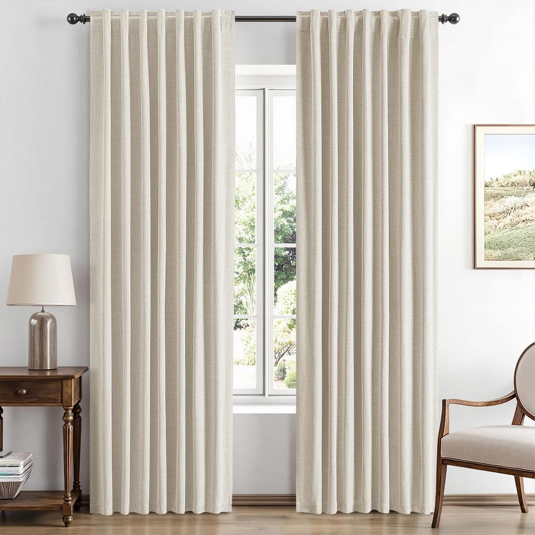 MIULEE 100% Blackout Linen Curtains for Bedroom, Linen Beige Solid Luxury Decor Thermal Insulation Room Darkening Drapes for Living Room Nursery Back Tab Rod Pocket 42 x 84 Inches, 2 Panels