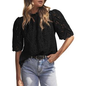 PRETTYGARDEN Summer Tops for Women 2026 Short Sleeve Embroidered Eyelet Shirts Dressy Casual Blouses Spring Fashion Clothes (Black, L)