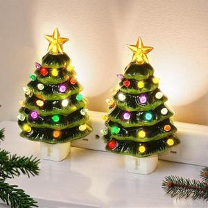 Brightever Ceramic Christmas Tree Night Lights, 2-Pack Plug-in 6" H Vintage Christmas Wall Decor with Multicolor LED Bulbs, 360 Swivel Plug, On/Off Switch, Xmas Tree Nightlight for Bathroom, Bedroom (Green)