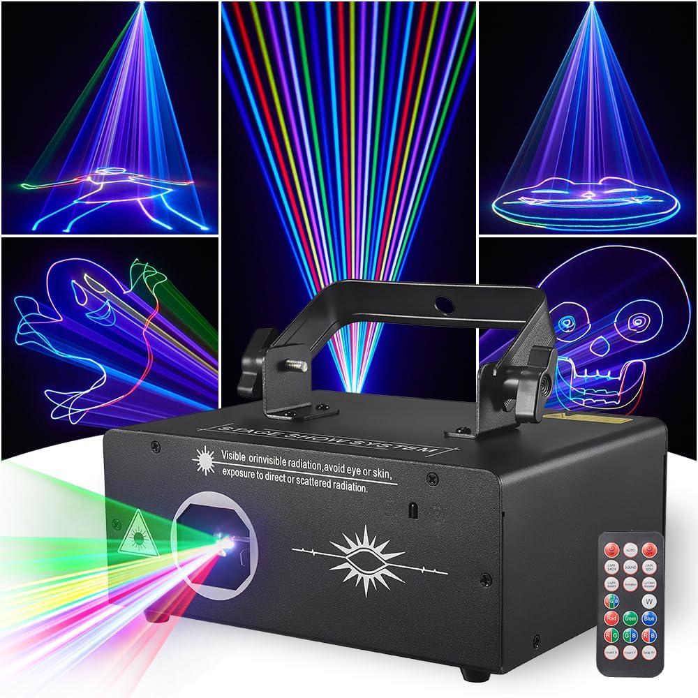 Laser Lights Stage Lights, Gruolin 3D Animation DJ Party Laser Light Full Color with DMX512 & Sound Activated, Perefct for Disco Party Bar Club DJ & Stage Lighting (Remote Version)