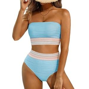 High Waisted Bandeau Bikini Set - Women Strapless Two Piece Swimsuits Ribbed Longline Full Coverage Bathing Suits Swimwear Blue
