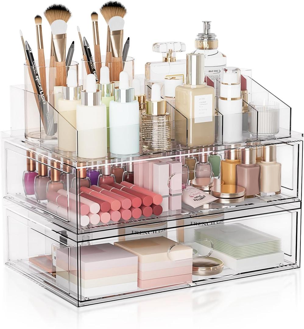 Clear Stackable Makeup Organizer with Drawer, 12''W Acrylic Storage Drawers, Cosmetic Display Case for Vanity Bathroom Countertop, Beauty Holder for Lipstick Brush Skincare Perfume (3 Pack)