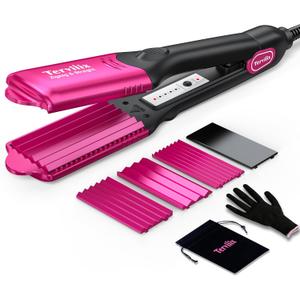 Terviiix Crimper Hair Iron with 4 Interchangeable Plates, Keratin & Argan Oil Infused Hair Crimper for Women, Volumizing Crimping Iron for Thin Fine Hair, 5 Heat Settings & 60 Mins Auto Off, Pink