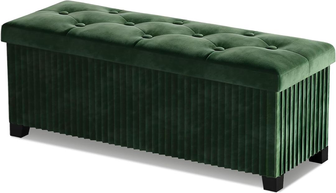 LITZFUR Storage Ottoman Bench, 43 Inch Foldable Ottoman with Legs, Velvet Foot Rest Stool, End of Bed Bench, Storage Chest for Living Room, Bedroom, Green, 43.3"D x 15.7"W x 15.7"H