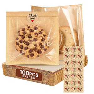 100 Pack Cookie Bags, Window Paper Bags with Thank You Stickers, 5.7 x 6.5 Inch, Oil-Proof Leak-Proof Individually Heat-sealable Kraft Paper Baking Bags for Biscuits, Snacks, Candies, Baked Goods