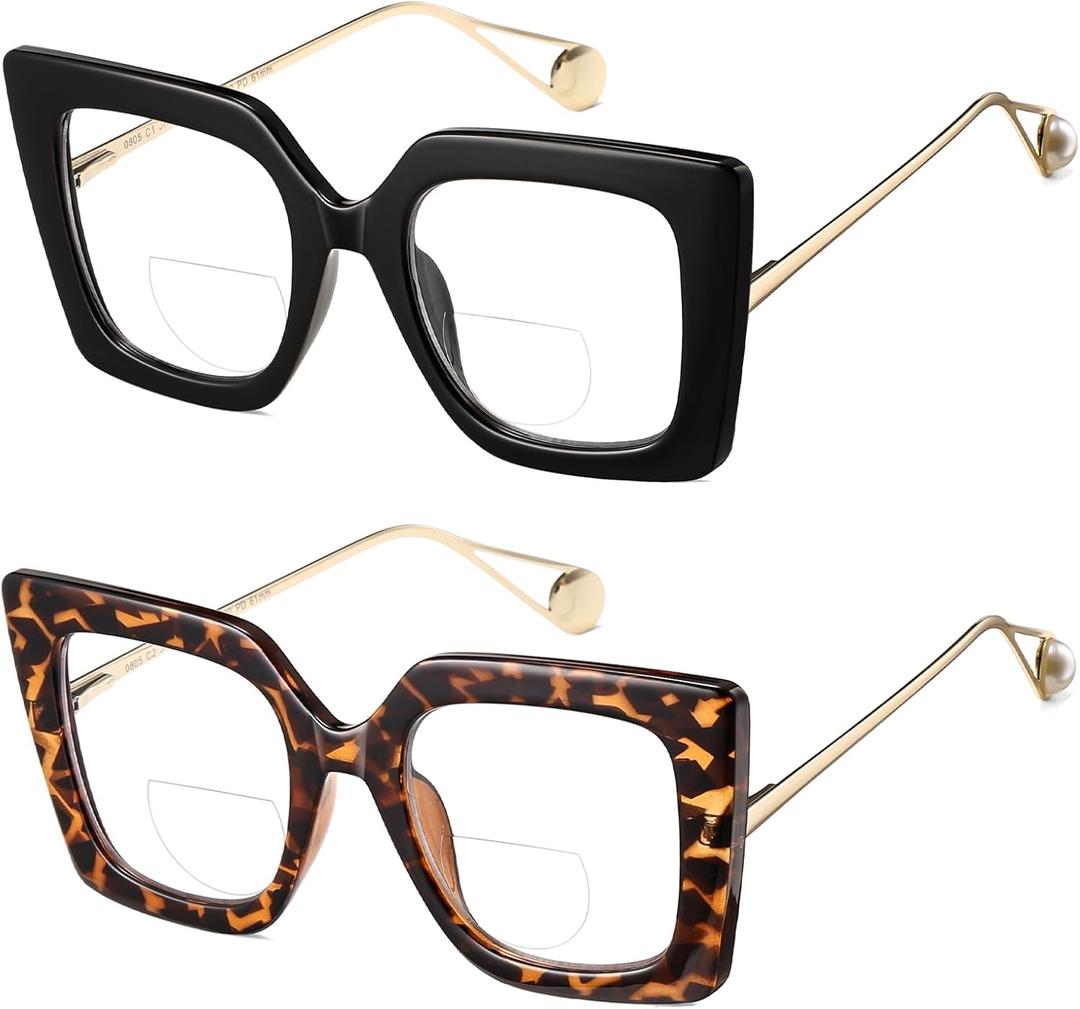 Oversize Bifocal Reading Glasses Women Cat Eye Blue Light Blocking Reader Clear Top No Line Transition Ladies Eyewear (Black & Tortoise)