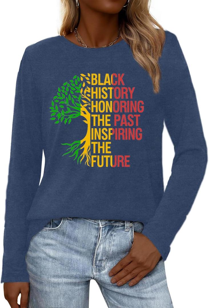 Black History Shirts for Women Black History Month Long Sleeve T-Shirt African American Tee Tops (M)