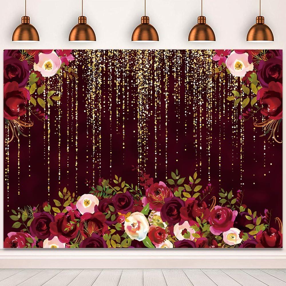 7x5ft Burgundy Red Flowers Wedding Backdrop for Photography Gold Dots Background for Bridal Shower, Woman & Girl Birthday Party Cake Table Decorations Banner Photo Studio Props