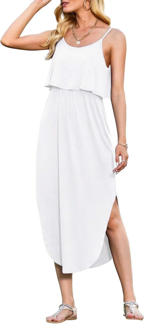 LILBETTER Women's Adjustable Strappy Split Summer Beach Casual Midi Dress (01 White) S