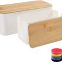 Cable Management Box Organizer, Set of 2 Bamboo Lid Large Storage Wire Holder to Conceal Hide Surge Protector, Power Strips Cord on Desk Floor, with 5 Cables Tape for Home Office Computer TV USB Hub (White)