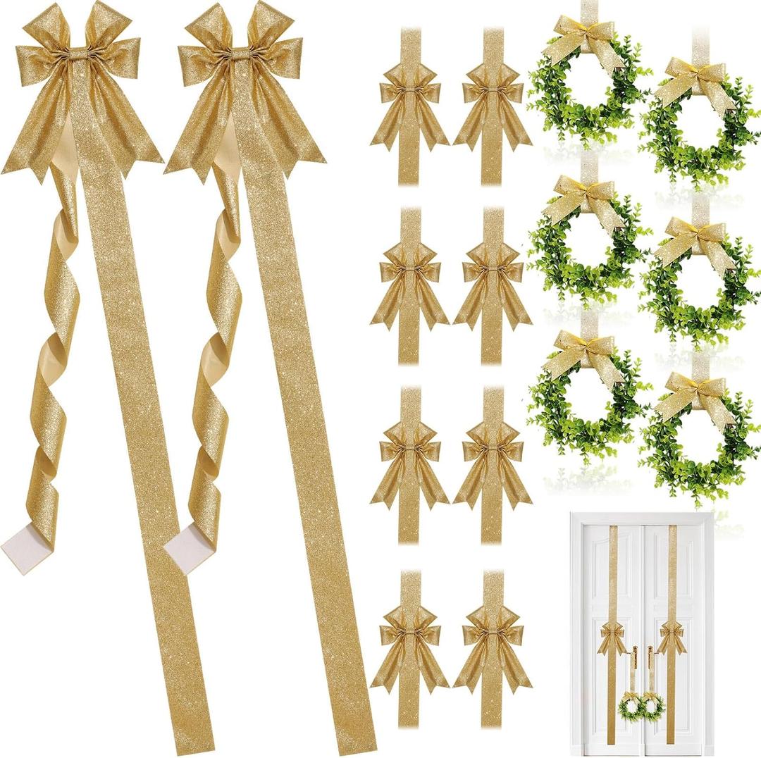 Yinkin 16 Pcs Christmas Door Cabinet Bows with Wreaths Set 10 Large Cabinet Bows 6 Mini Hanging Garlands Front Christmas Door Decorations Xmas Hanging Ornaments for Party Supplies (Champagne Gold)