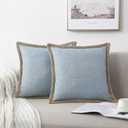 NordECO HOME Set of 2 Farmhouse Throw Pillow Covers - Burlap Linen Trimmed Tailored Edges Decorative Cushion Covers for Bed Home Decoration, 18 x 18, Blue (18" x 18" (Pack of 2), Denim Blue / Linen Band)