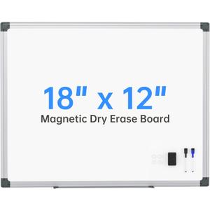 VUSIGN Magnetic White Board 18" x 12" with 1 Dry-Erase Eraser, 2 Multicolor Marker, 4 Magnetic Pins, Sliver Reinforced Aluminum Frame for Office, Home, School (18"W x 18"H)