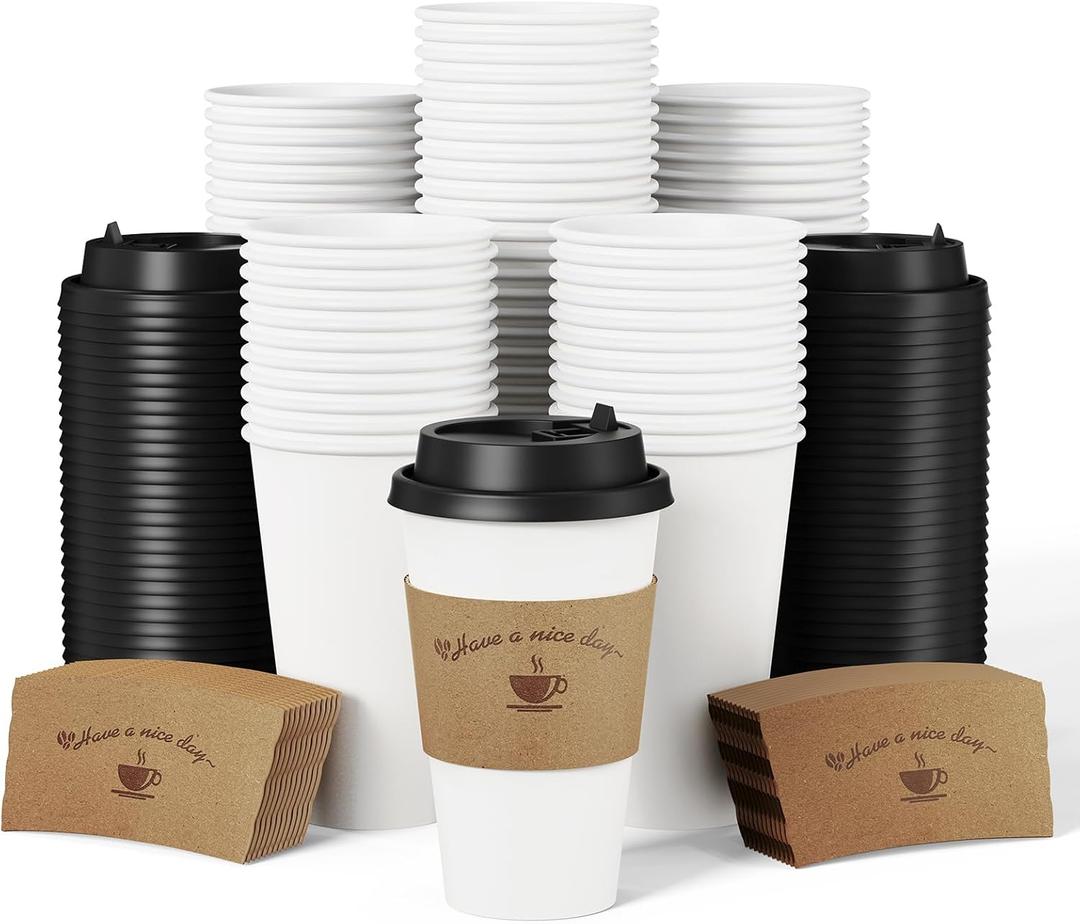 LITOPAK 100 Pack Disposable Coffee Cups with Lids and Kraft Sleeves, 16 oz White Coffee Cups for Hot Drinks