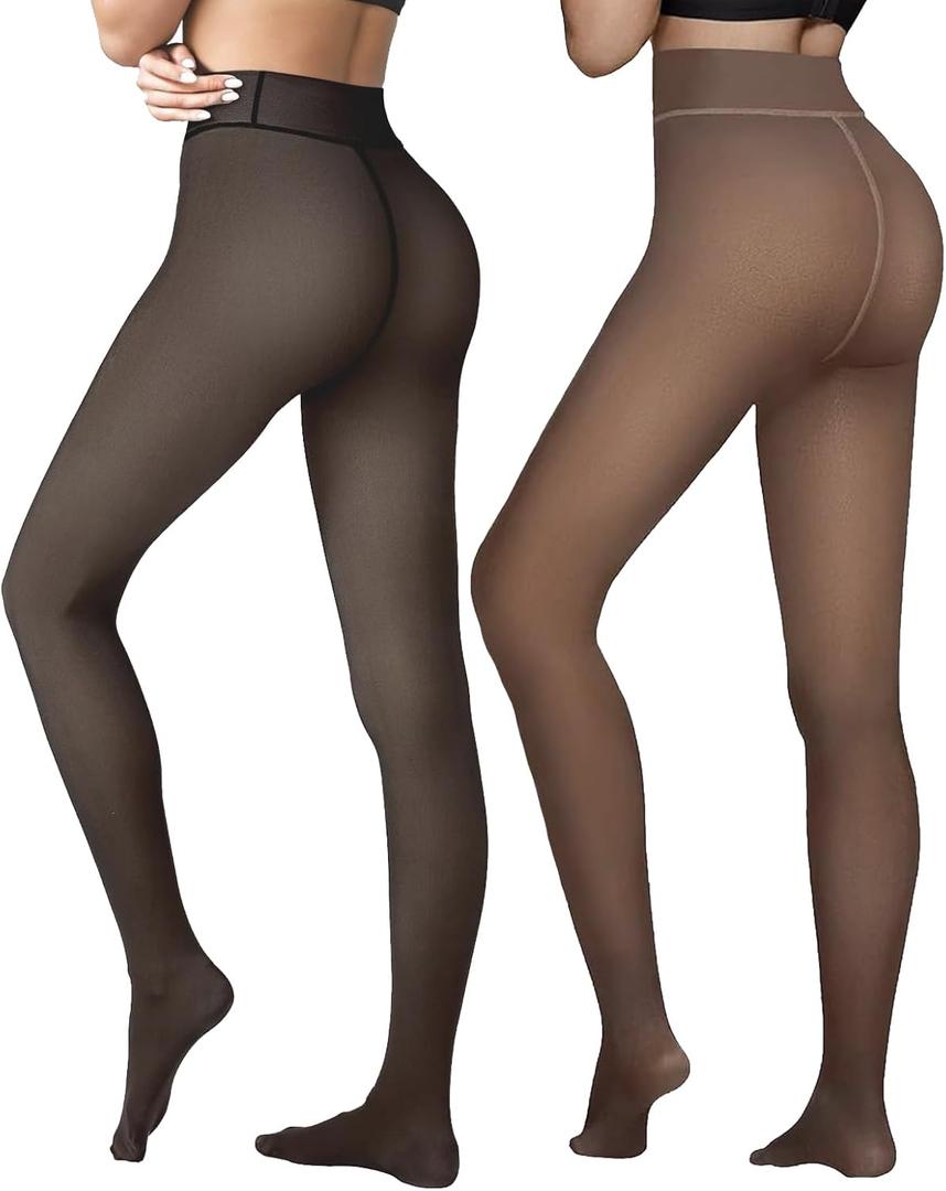2 Pairs Women Fleece Lined Tights-Fake Translucent Leggings High Waist Pantyhose Sheer Thick Warm Tights For Women (Large, Invisible Crotch-black+brown)