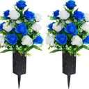 2 Sets Artificial Cemetery Flowers,Memorial Flowers,Beautiful Arrangements for Headstones,Black Plastic vase with Drainage Hole Long Spikes Outdoor Memorials(Dark Blue)
