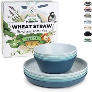 Grow Forward Premium Wheat Straw Plates and Bowls Sets - 8-Piece Wheat Straw Dinnerware Sets - Unbreakable & Reusable Microwave Safe Plastic Dinner Plates for Outdoors, RV, Camping Dishes - Seascape