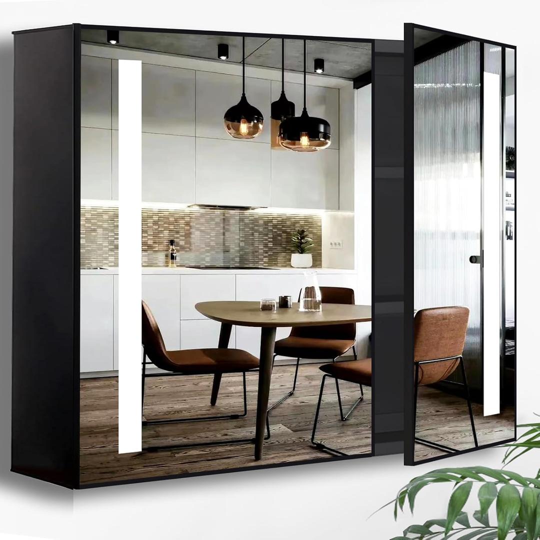 28 x 32 Inch Black Led Medicine Cabinet Mirror with Lights for Bathroom Lighted Medicine Cabinet with Mirror and Light Storage Smart Memory 3 Color Dimmable Front Lit Anti-Fog Double Door