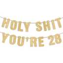 2 x Pre-Strung Holy S You're 28 Gold Glitter Banner, Happy 28th Birthday Decorations for Women, 28 Year Old Party Decor for Men