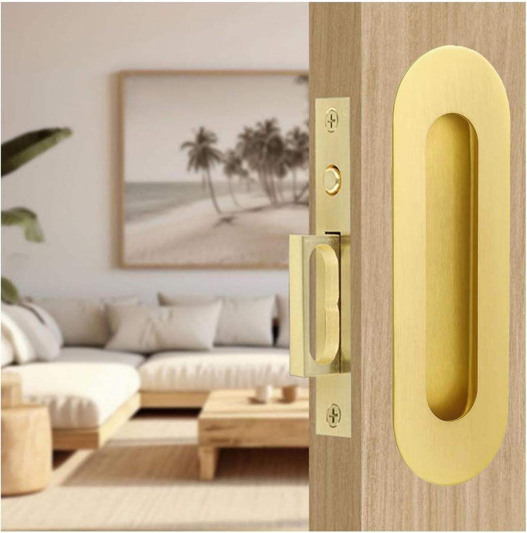 Pocket Door Handles Gold,6 inch Oval Recessed Flush Pocket Door Pull Handle,304 Stainless Steel Pocket Door Hardware, Hidden Edge Pull with Push Automatic Bounce Switch