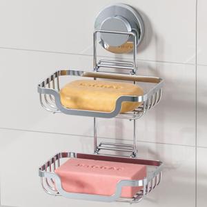 LEVERLOC Double Layer Soap Dish, Bar Soap Holder for Shower Wall, Vaccum Suction Cup Sponge Holder for Bathroom Tub Kitchen Sink, Stainless Steel, Waterproof, Removable, Silver