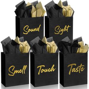 DANIUBE 5 Senses Gift Bags, Sight Smell Touch Taste Sound Hot Stamping Gift Bag with Tissue Paper Ribbon Handle for Him Her Birthday Wedding Anniversary Graduation Party Supplies, (15 PCS)