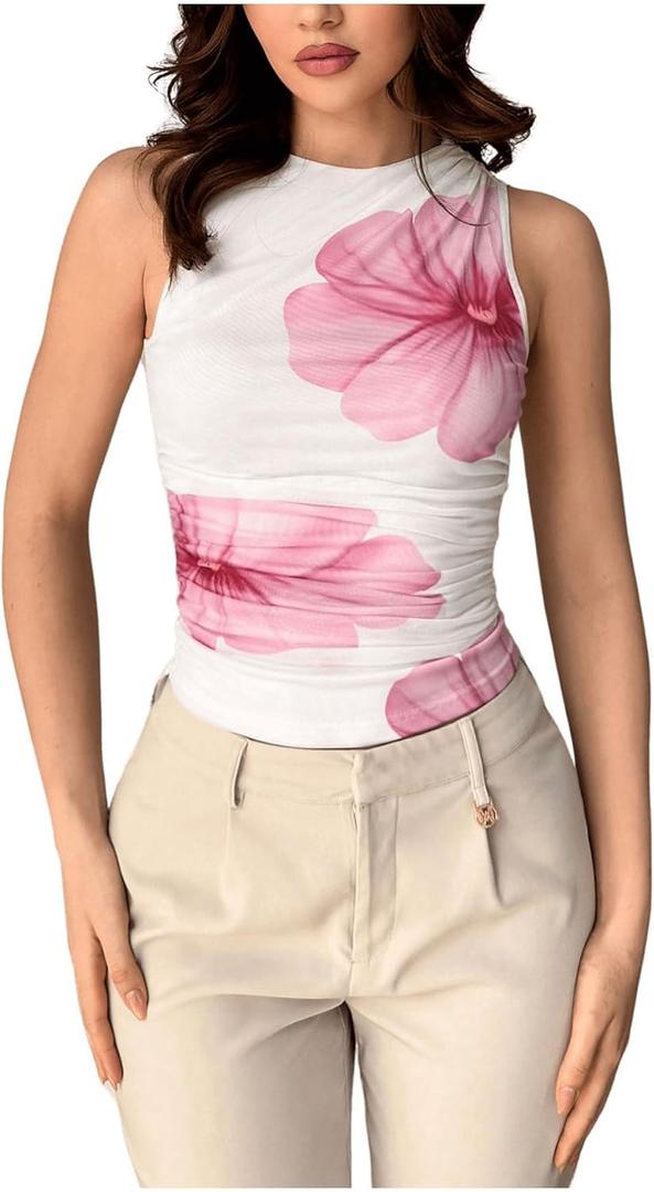 Milumia Women's Mock Neck Floral Mesh Top Y2k Sleeveless Ruched Tank Tops Going Out (Light Pink Flower)
