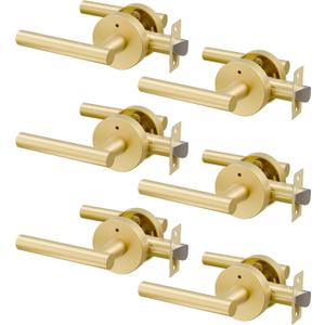 6 Pack Brushed Gold Door Handles Interior, Heavy Duty Privacy Door Lever Handles, Streamlined Interior Door Handle Gold, Brass Interiors Doors Handle Levers for Bathroom, Bedroom