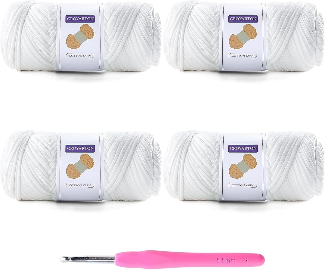 4 Pack Tshirt Yarn for Crocheting, Elastic T Shirt Spaghetti Thick Knitting Yarn Total Length 260 Yds for Crochet Bag Baskets Home Decor with 1 Crochet Hook (4-White)