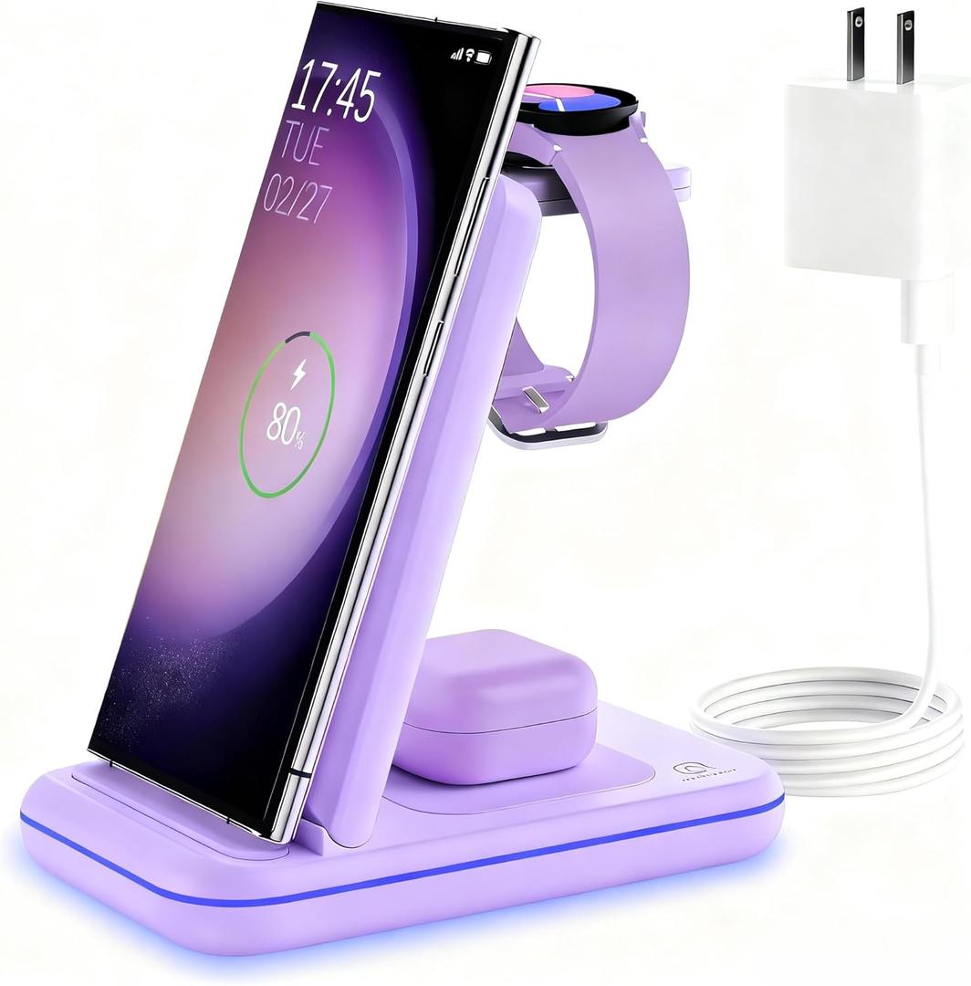 Wireless Charging Station for Samsung/Android, Fast Wireless Watch Charger Station Compatible for Samsung Galaxy S25 Ultra/S24/S23+/Z Flip 7/6 Fold 7/6, Watch8/7/Pro/Active 2 Galaxy Buds3/2 Pro(Purple