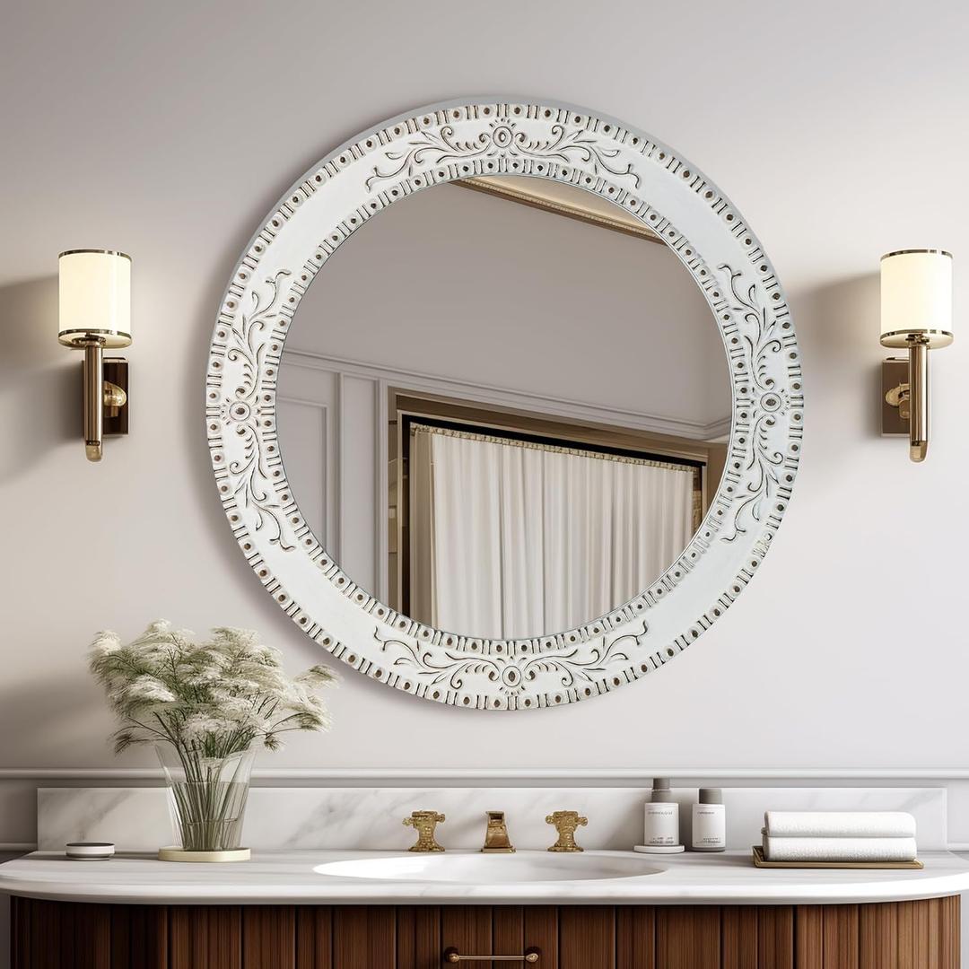 Round Mirror 24 Inch European Style Beaded White Mirror Decorative for Wall