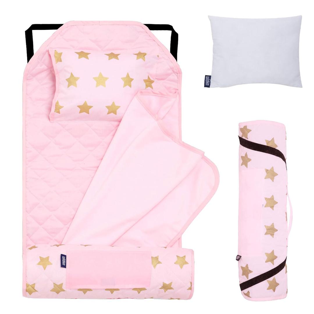 Wildkin Modern Kids Nap Mat Soft Cotton Blend with Pillow & Elastic Straps for School & Travel - Stars