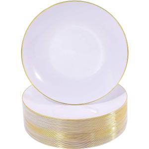 Nervure 100 Pieces Gold Plastic Plates - 10.25 inch Gold Dinner Plates - Heavyweight White and Gold Disposable Plates Ideal for Wedding & Party