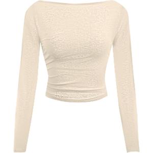 SOFIA'S CHOICE Boat Neck Long Sleeve Top Women Crop Tops Side Ruched Fitted T Shirts Beige Medium