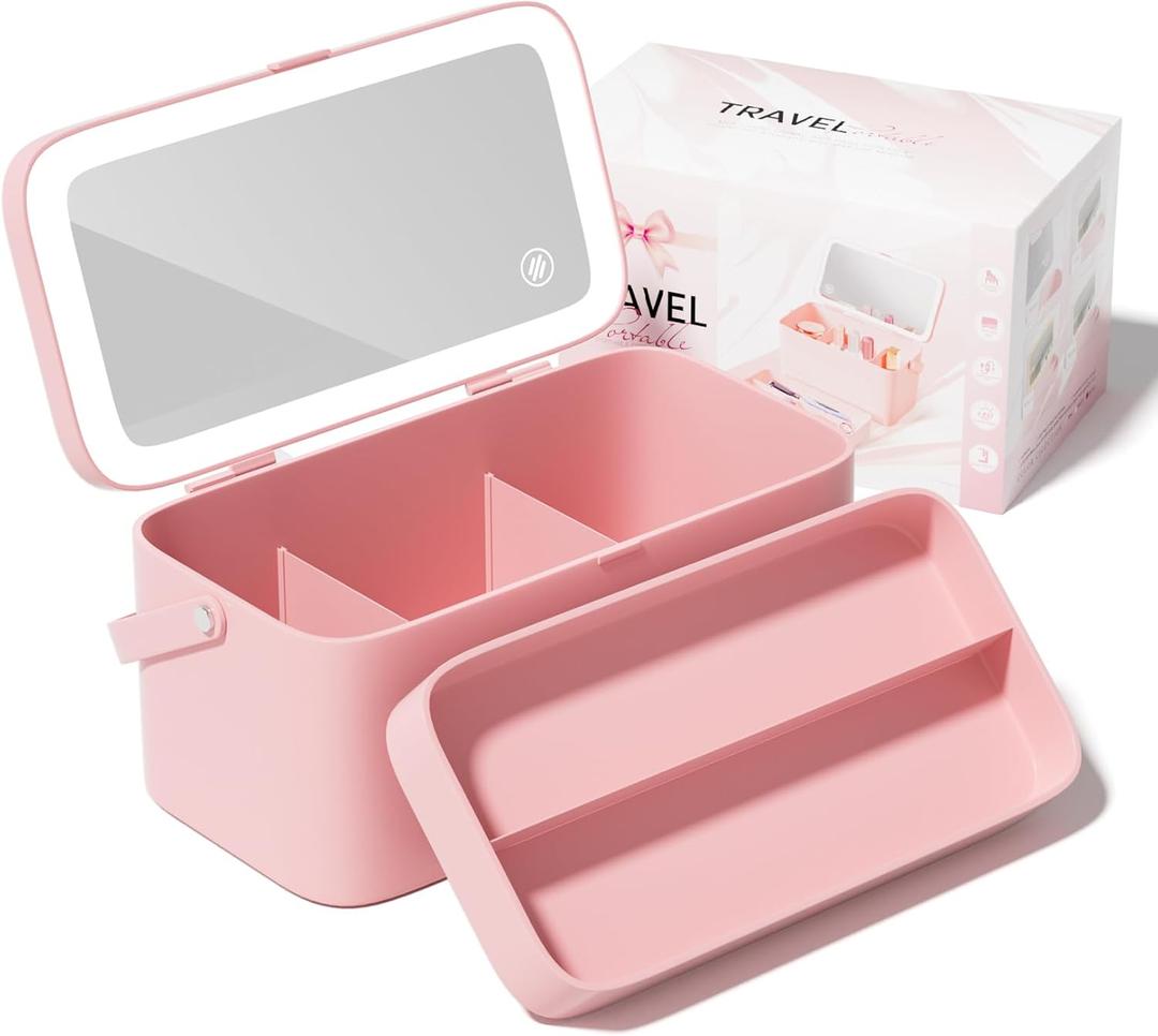 Makeup Case with Mirror and Light - Portable Cosmetic Box Rechargeable with 3 Color Mode and DIY Partitions for Women Girls (Pink B)