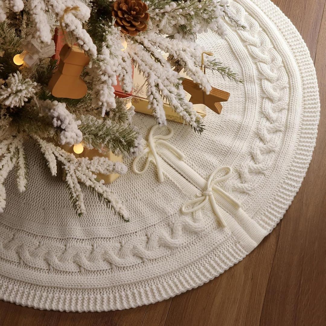 Christmas Tree Skirt 36 Inches: Braided Cable Knit Round Cream White Tree Skirt, Thick Rustic Christmas Tree Decorations Neutral Christmas Decor Christmas Tree Skirts for Xmas Home Party Supplies