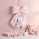 Sureio Large Pink Bow Decor with Teddy Bear Coquette Pink Bow Fabric Hanging Wall Art Cute Door Decorations 14 x 12 Inch for Dorm Bedroom Nursery Apartment Door Indoor Outdoor Baby Shower Decor