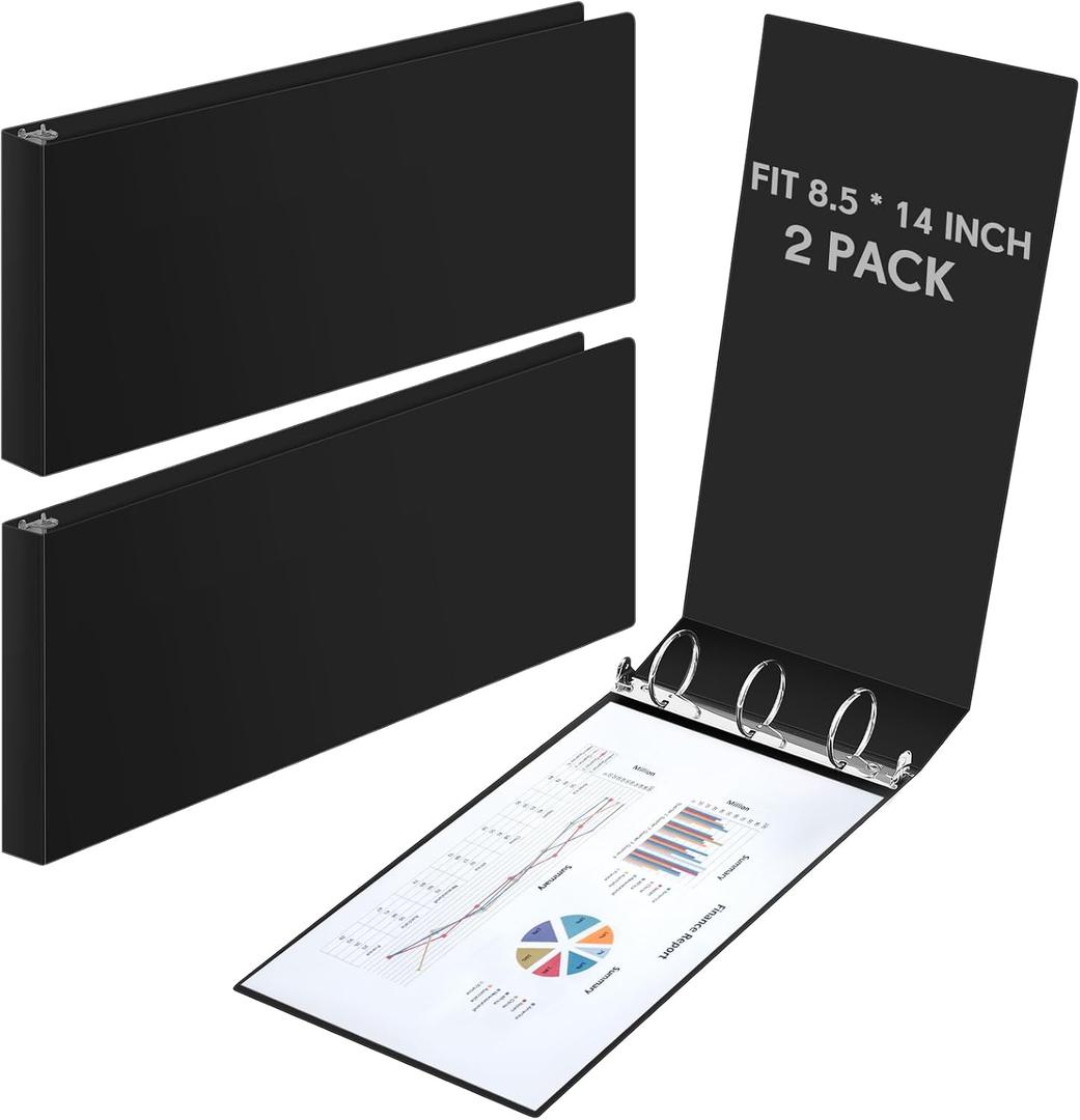 2 Pcs 8.5'' x 14'' Landscape 3 Ring Legal Size Binders 2 Inch Round Ring Binders Heavy Duty Economy Holds 8.5 '' x 14'' Paper for Artwork Blueprints, Office, Home, Work Places(Black)