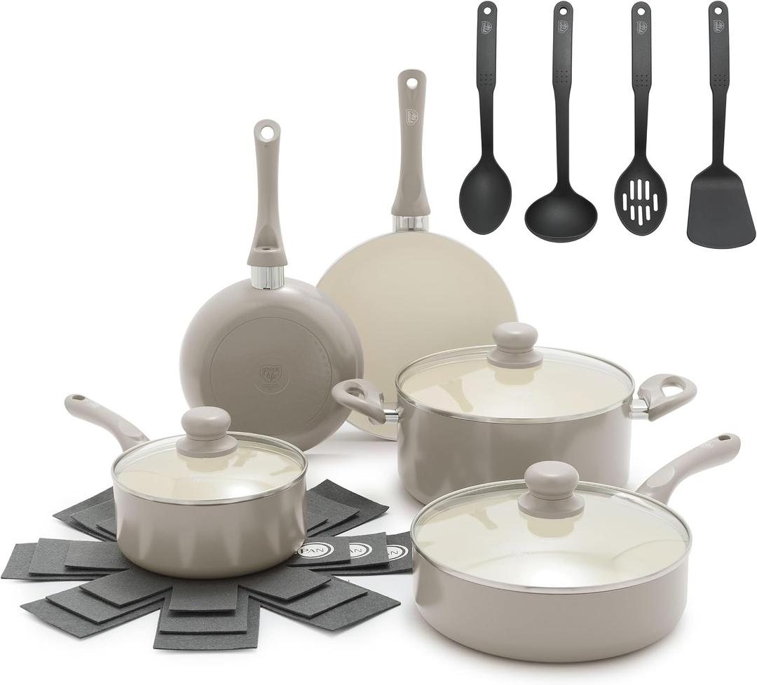 GreenLife 16pc Ceramic Nonstick Pots & Pans Cookware Set, Beige Taupe, 16 Piece Cookware Set