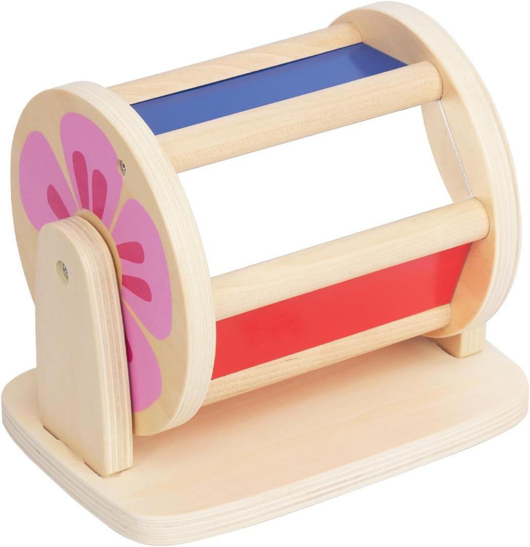 Montessori Spinning Drum Baby Toys, Wooden Tummy Time Mirror Play Kit and Rainbow Fabric Ball Kit Toys for 1 2 3 Years Toddlers