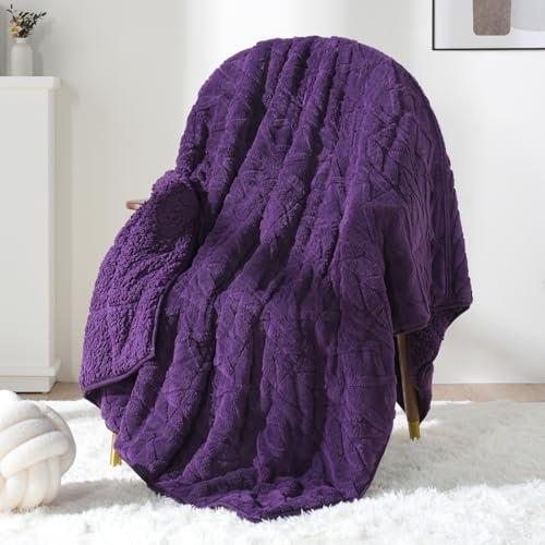Sivio Weighted Blanket Queen Size 15 lbs for Adults, Sherpa Fleece Weighted Blanket Jacquard Heavy Blanket for Sleeping, Reversible Super Soft Warm Cozy Fluffy Blanket for Adult, 60 x 80inch, Purple