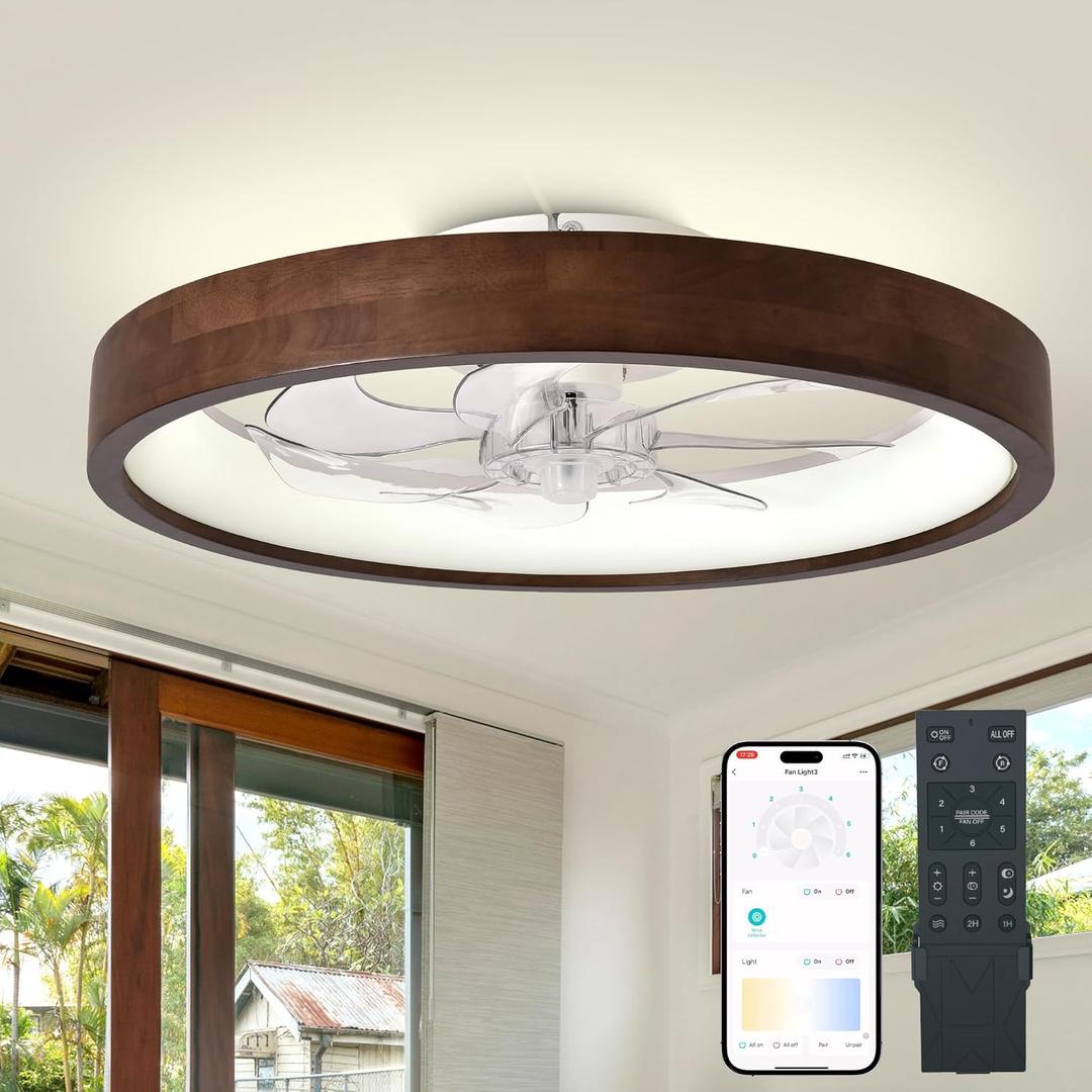 20” Ceiling Fans with Lights,3 Color Dimmable LED,6 Speeds,Reversible Modern Dark Wooden Flush Mount Low Profile Ceiling Fans with Lights and Remote for Bedroom/Kidsroom/Dinng Room