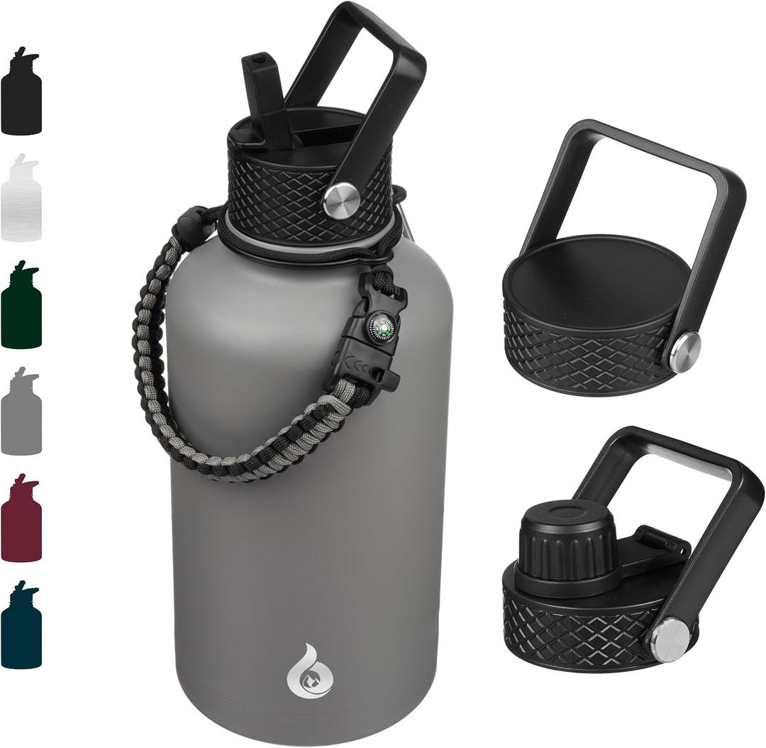 BJPKPK Half Gallon Insulated Water Bottles with Straw Lid, 64oz Large Water Jug, Stainless Steel Bottles with 3 Lids and Paracord Handle, Thermo for Hot & Cold Liquid, Gray