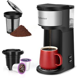 Single Serve Coffee Maker, K Cup and Ground Coffee Machine 2 in 1, 6 to 14 Oz Brew Sizes, Mini One-Cup Coffee Maker with Self-cleaning Function, Fits Travel Mug, Black 2025.4.5