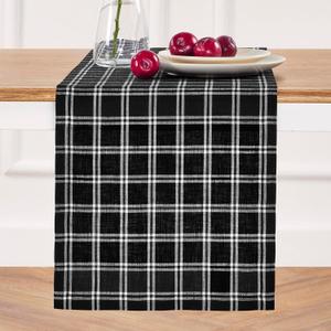 Solino Home Table Runner 90 Inches Long - 100% Pure Linen Marseille Plaid Black Table Runner 14 x 90 Inch for Dining