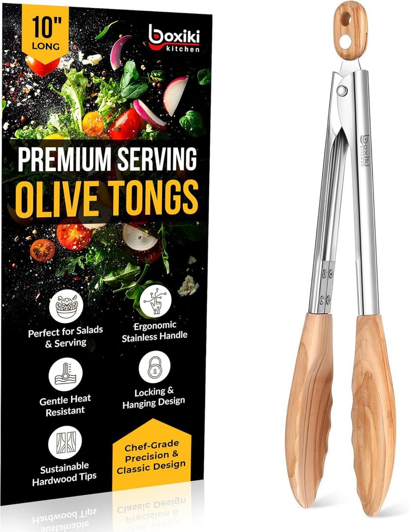 Boxiki Kitchen Tongs for Cooking with Wooden Tips - Wooden Tongs Ideal for BBQ, Salad, Toaster, Bread & Pickles - Made of Natural Olive Wood, Size 12 Inch