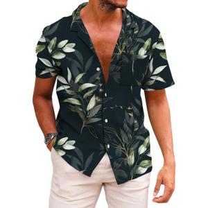 KYKU Funky Hawaiian Shirt for Men Palm Beach Shirts Tropical Vacation Clothes (3X-Large, Black Leaf)