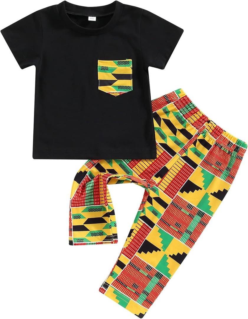 Mubineo Toddler Baby Girl Boy 2pcs African Print Outfits Kente Dashiki Clothes T Shirts Pant Sets (18-24 Months, Black Yellow)